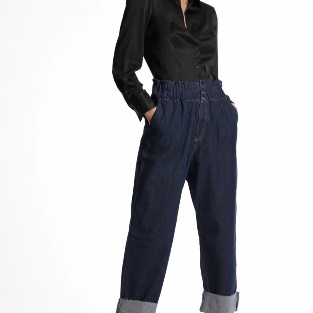 ZARA Paper Bag Raw Hem Mom Jeans Elastic Baggy High Waisted XS 25